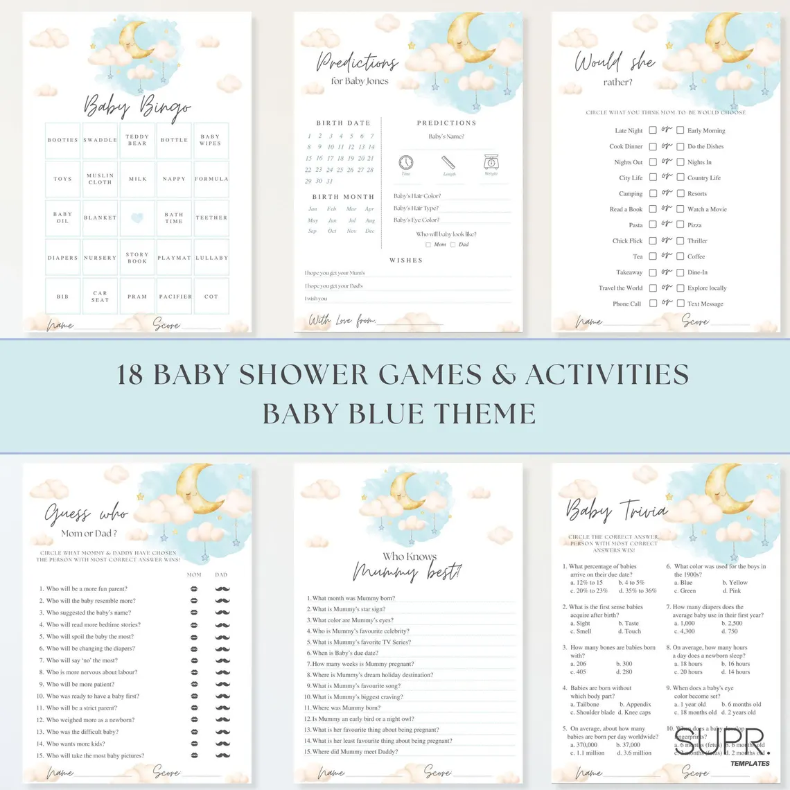 Over the Moon Baby Shower Games: 18 Games, Blue Boy Theme