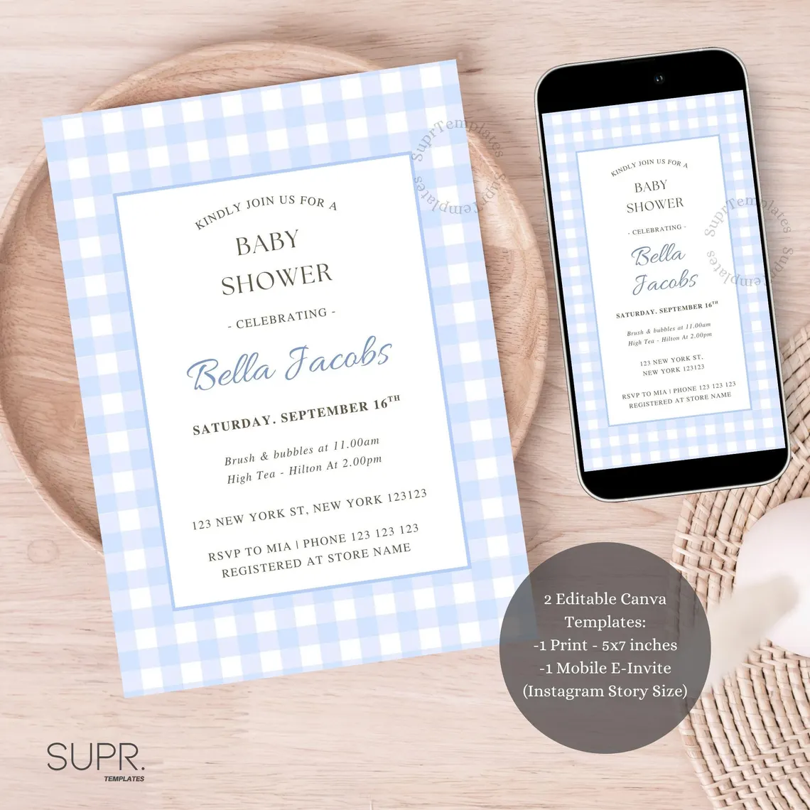 Blue Gingham Baby Shower Invitation