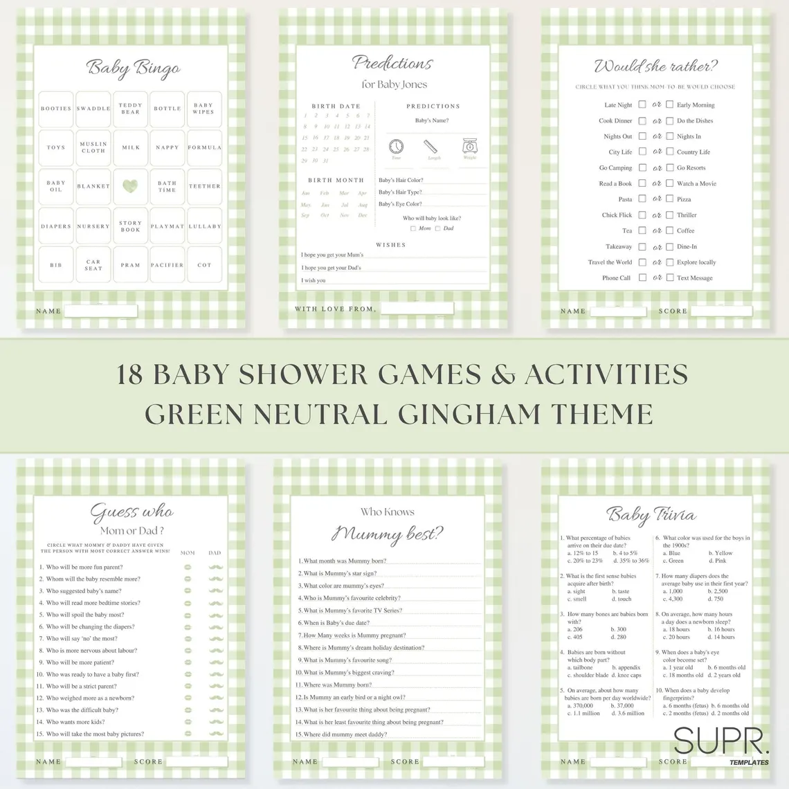 Green Gingham Baby Shower Games Bundle: 18 Games, Sage Green