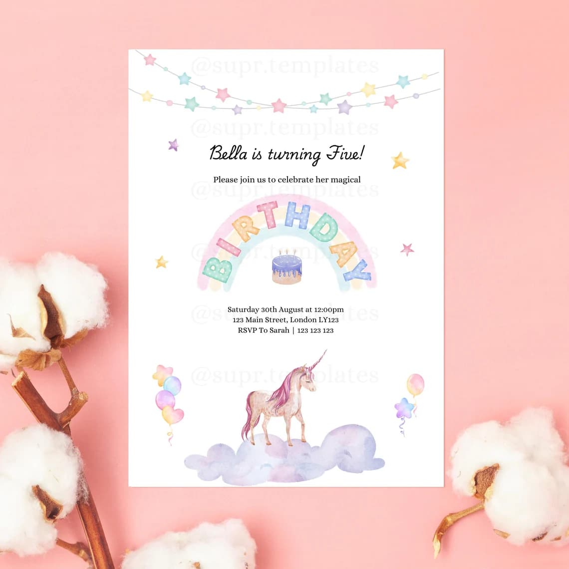 Unicorn Birthday Invite Template