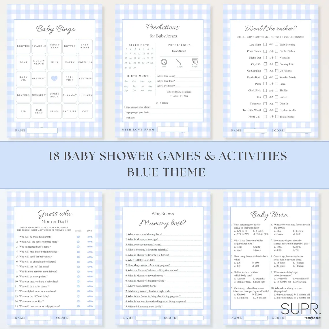 Blue Gingham Baby Shower Games Bundle: 18 Games, Boy Theme