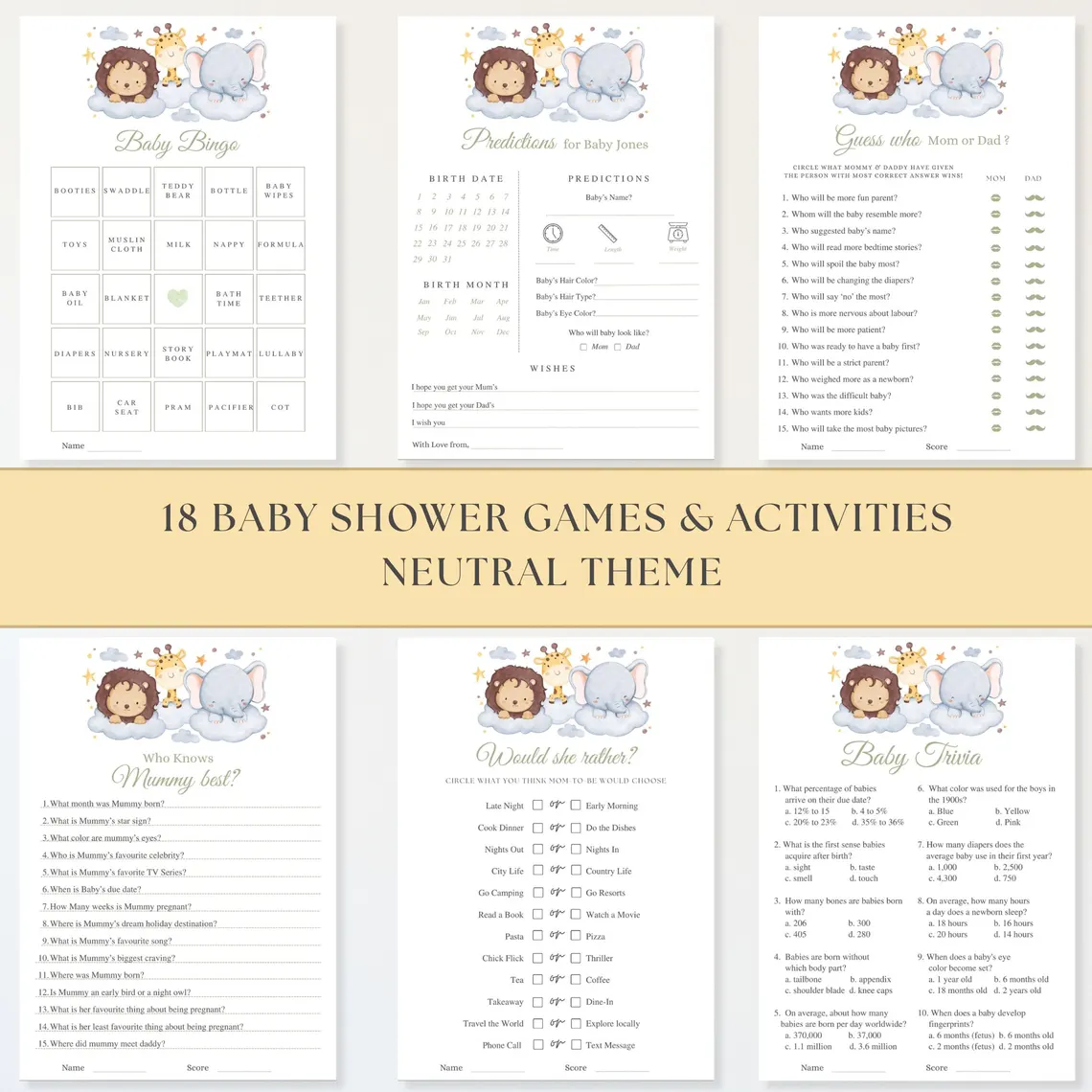 Safari Baby Shower Games Bundle: 18 Games, Gender Neutral