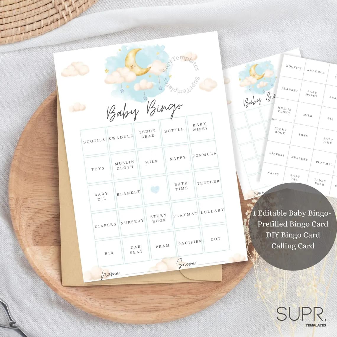 Baby Shower Bingo: Over the Moon Blue Boy Theme