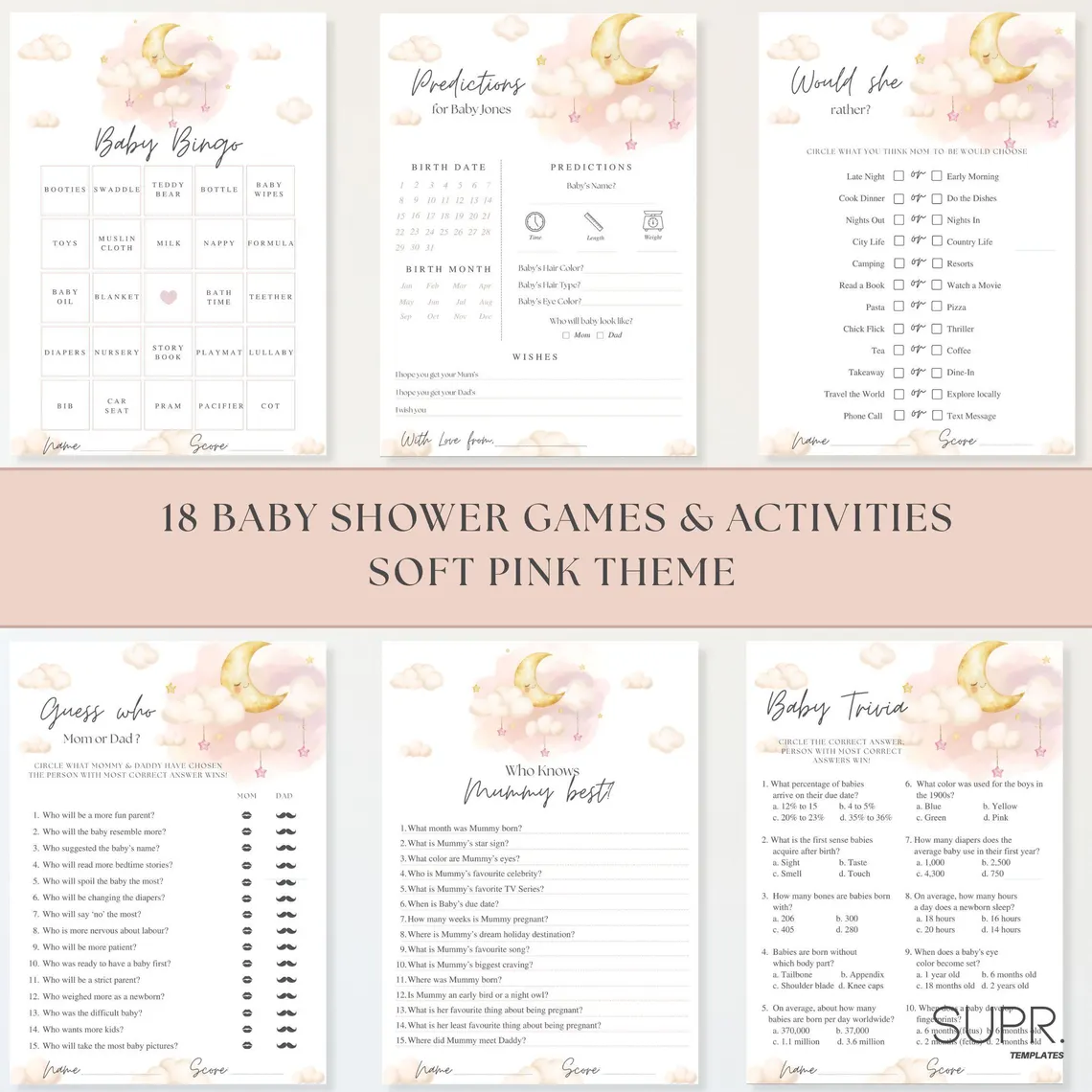 Over the Moon Baby Shower Games: 18 Games, Pink Girl Theme