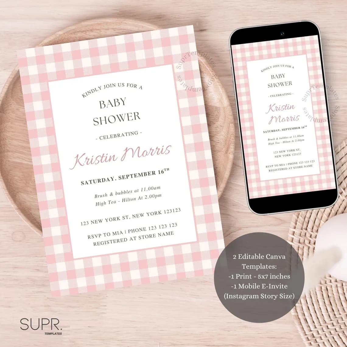 Pink Gingham Baby Shower Invitation