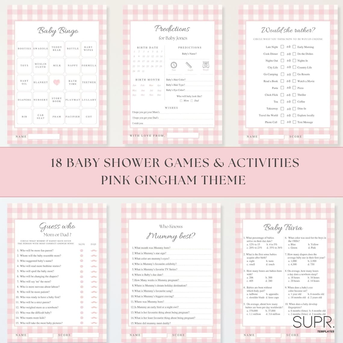 Pink Gingham Baby Shower Games Bundle: 18 Games