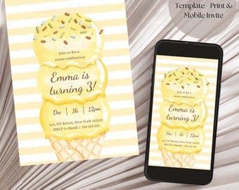 Yellow Ice Cream Birthday Invitation