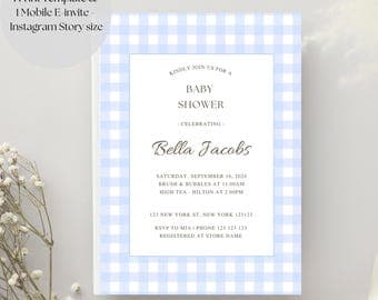 Blue Gingham Baby Shower Invitation